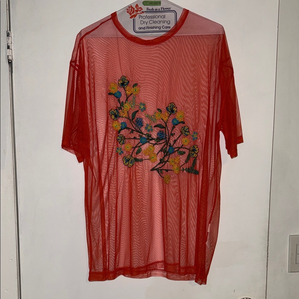 Zara Red Sheer Embroidered Tee